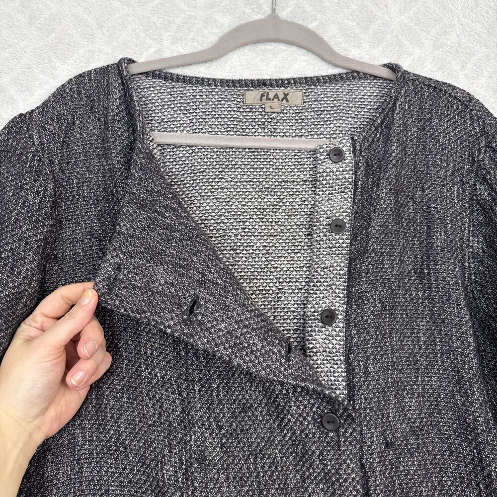 Flax 100% Linen Compelling Cardigan Large Black Honeycomb Knit Career Lagenlook - Picture 2 of 10